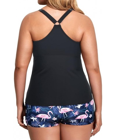 Two Piece Plus Size Tankini Swimsuits for Women Tummy Control Bathing Suits Athletic Tankini Top with Boy Shorts Black Flamin...