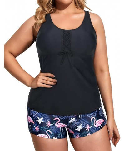 Two Piece Plus Size Tankini Swimsuits for Women Tummy Control Bathing Suits Athletic Tankini Top with Boy Shorts Black Flamin...