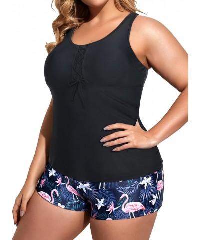 Two Piece Plus Size Tankini Swimsuits for Women Tummy Control Bathing Suits Athletic Tankini Top with Boy Shorts Black Flamin...