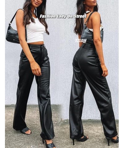 Women's Faux Leather Pants with Pockets High Waisted Straight Wide Leg Casual PU Trousers Straight Leg - Black $16.49 Pants