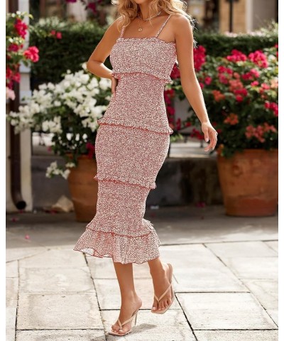 Women Summer Casual Floral Midi Smocked Bodycon Dresses Spaghetti Strap Square Neck Ruffle Mermaid Prom Dress Brick Red $24.4...