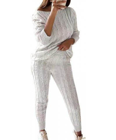 Women Winter Plus Size Cable Knitted Warm Loungewear Suit Sets 2 Piece Tops and Pants Grey $21.07 Activewear