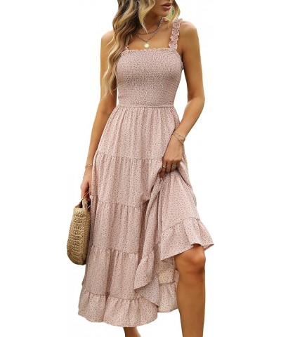 Women's Summer Boho Dress Floral Print Spaghetti Strap Square Neck Shirred Maxi Dress Beach Sun Dress Pink Frill $26.87 Dresses