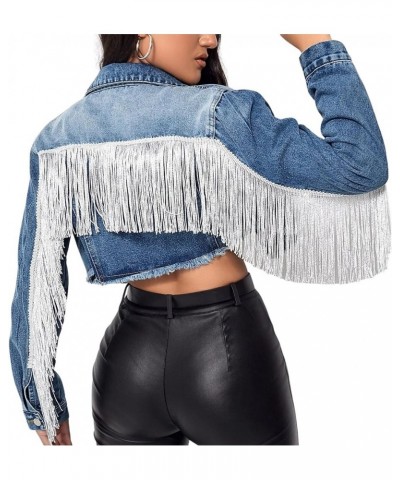 Women’s Fringe Jacket Long Sleeve Button Up Cropped Cowgirl Tassel Denim Jean Jackets 01 Dark Blue $23.40 Jackets