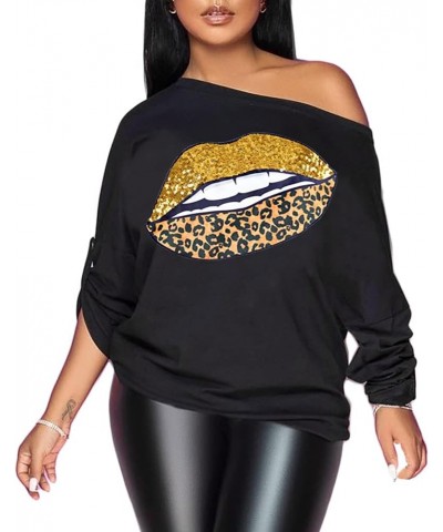 Womens Off The Shoulder Tops Sexy Shiny Queen Shirts Long/Short Sleeves Fashion Graphic Sequined T-Shirts Blouses Black+ Gold...