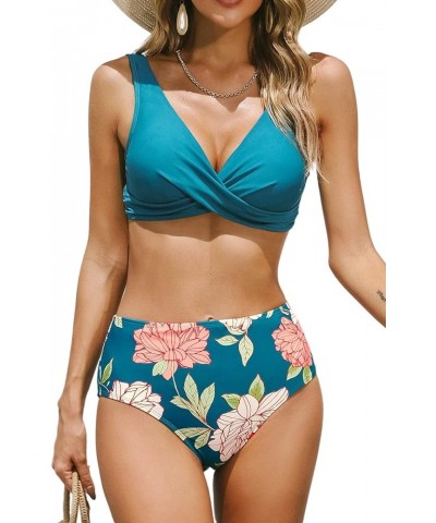 High Waisted Bikini Women Bikini Sets Wrap Front Wide Straps Back Tie Floral Bottom Blue $13.48 Swimsuits