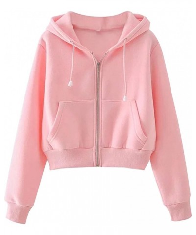 Women's Casual Zip Up Drawstring Cropped Hoodie Hooded Crop Jacket Top with Pockets Pink $13.24 Hoodies & Sweatshirts