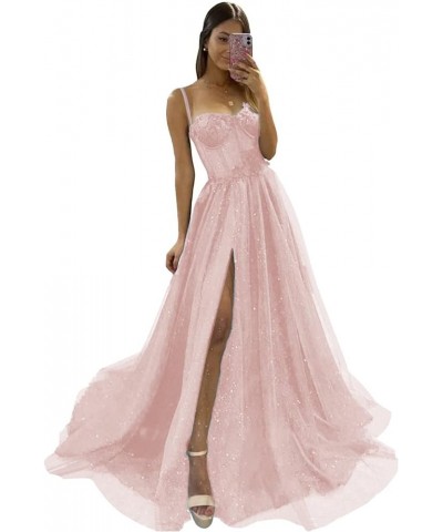 Flower Sparkly Tulle Long Prom Dresses for Teens Spaghetti Straps Sweetheart Formal Evening Ball Gown with Slit Blush $39.90 ...