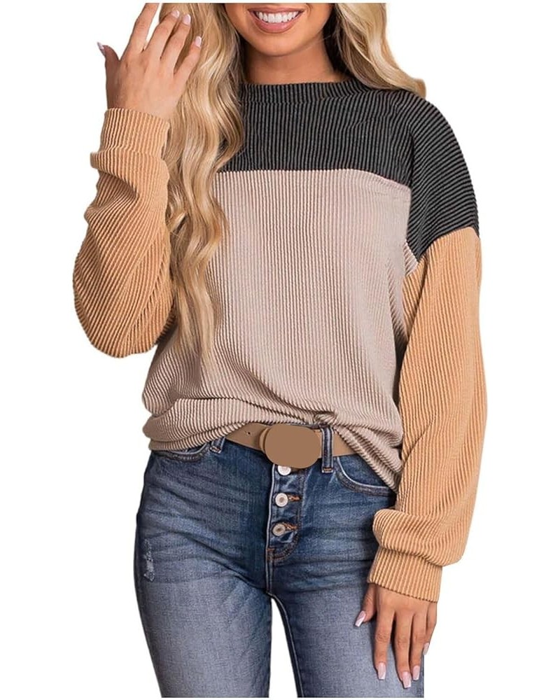 Women Corduroy Sweaters Color Block T-shirt Long Sleeves Blouse Crewneck Casual Sweatshirt Pullover Tops 010 Gray $10.00 Acti...