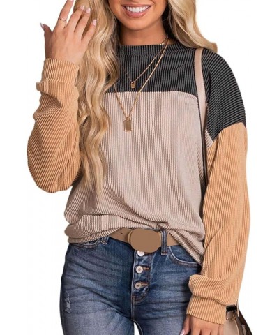 Women Corduroy Sweaters Color Block T-shirt Long Sleeves Blouse Crewneck Casual Sweatshirt Pullover Tops 010 Gray $10.00 Acti...