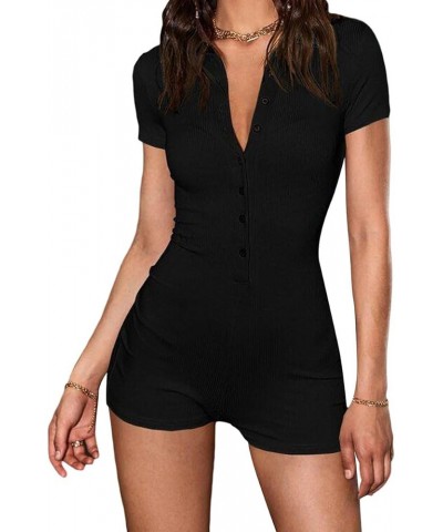 Women Y2K Short Sleeve Jumpsuit Sexy V Neck Buttons Bodycon Rompers Shorts Knitted One Piece Bodysuit Overall Black-6 $10.07 ...