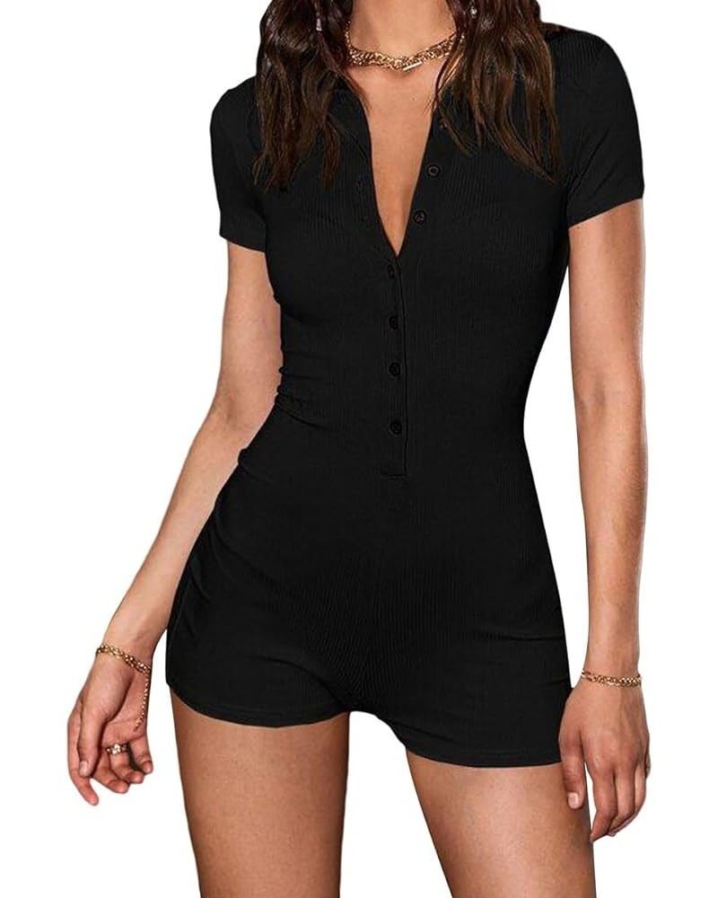 Women Y2K Short Sleeve Jumpsuit Sexy V Neck Buttons Bodycon Rompers Shorts Knitted One Piece Bodysuit Overall Black-6 $10.07 ...