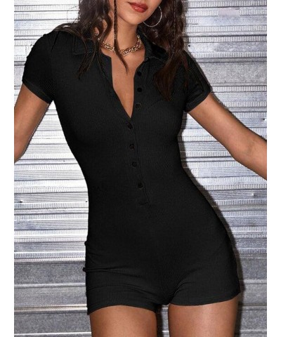 Women Y2K Short Sleeve Jumpsuit Sexy V Neck Buttons Bodycon Rompers Shorts Knitted One Piece Bodysuit Overall Black-6 $10.07 ...