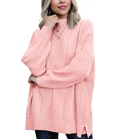 Womens Turtleneck Oversized Pullover Sweater Fall Long Sleeve Cable Knitted Sweaters Warm Side Slit Jumper Tops Pink $14.27 S...