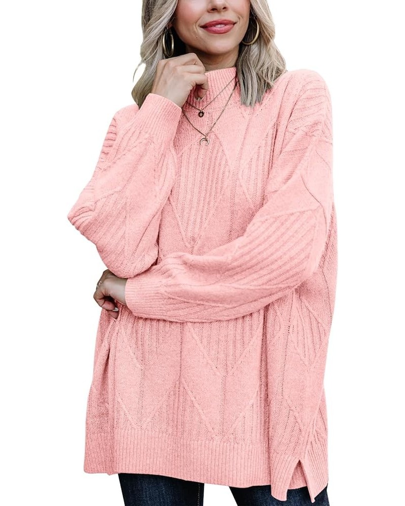 Womens Turtleneck Oversized Pullover Sweater Fall Long Sleeve Cable Knitted Sweaters Warm Side Slit Jumper Tops Pink $14.27 S...