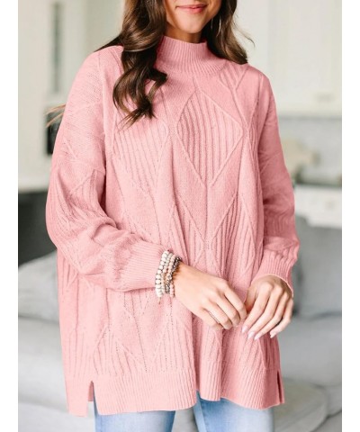 Womens Turtleneck Oversized Pullover Sweater Fall Long Sleeve Cable Knitted Sweaters Warm Side Slit Jumper Tops Pink $14.27 S...