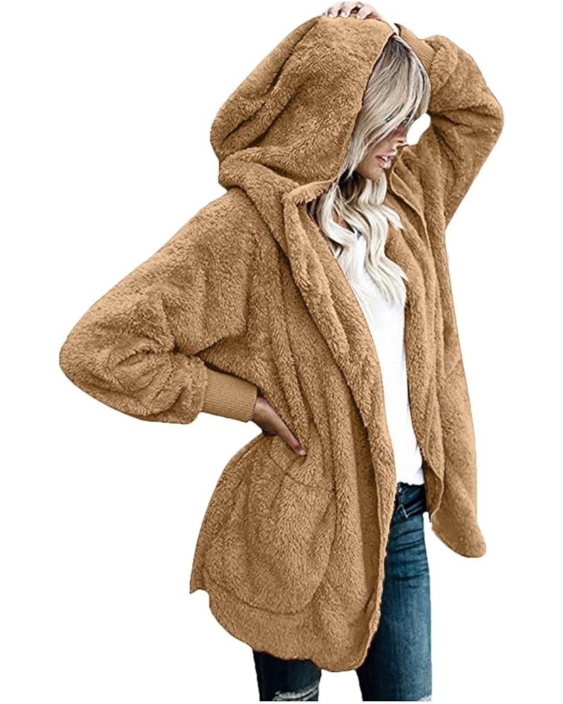 Womens Winter Coats Warm Fuzzy Fleece Jackets Sweatshirts Casual Open Front Hoodie Cardigan Outerwear with Pockets Khaki $8.3...