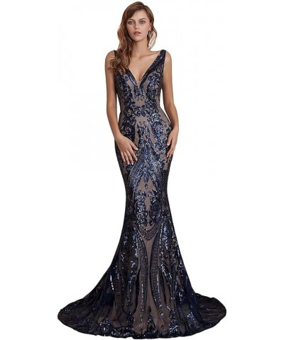 Women's V-Neck Sequins Mermaid Prom Evening Party Dress Sleeveless Lace-up Celebrity Pageant Gown Dark Blue $55.69 Dresses