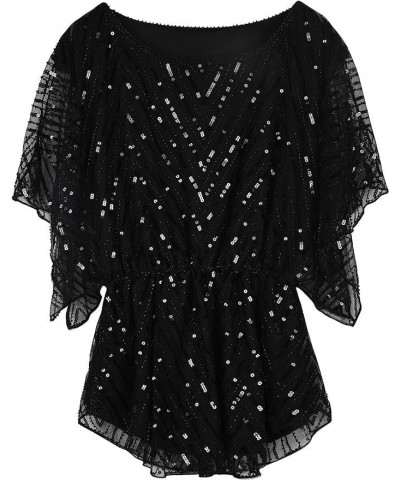 Women's Sequin Blouse Tops Sparkly Beaded Evening Formal Party Dressy Tops Black $30.15 Blouses