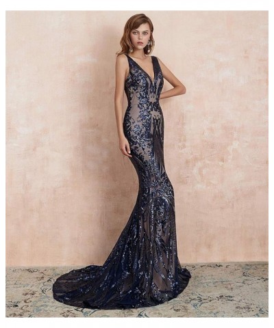 Women's V-Neck Sequins Mermaid Prom Evening Party Dress Sleeveless Lace-up Celebrity Pageant Gown Dark Blue $55.69 Dresses