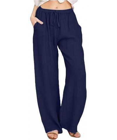 Linen Pants for Women High Waisted Wide Leg Loose Fit Palazzo Pants Casual Beach Trendy Trouses with Pockets B-dark Blue $11....