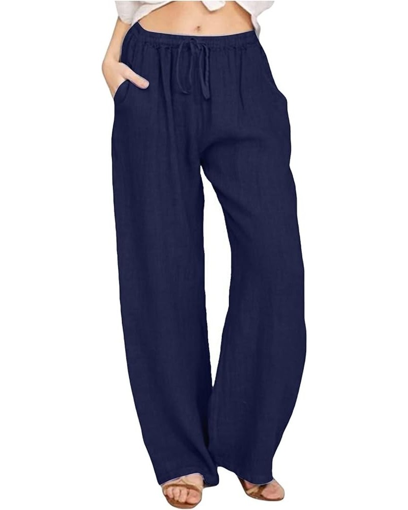 Linen Pants for Women High Waisted Wide Leg Loose Fit Palazzo Pants Casual Beach Trendy Trouses with Pockets B-dark Blue $11....