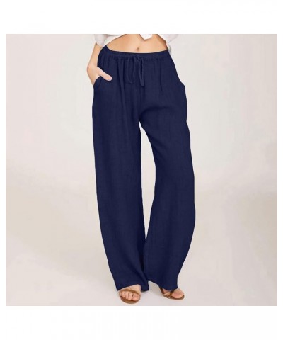 Linen Pants for Women High Waisted Wide Leg Loose Fit Palazzo Pants Casual Beach Trendy Trouses with Pockets B-dark Blue $11....