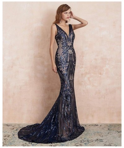 Women's V-Neck Sequins Mermaid Prom Evening Party Dress Sleeveless Lace-up Celebrity Pageant Gown Dark Blue $55.69 Dresses