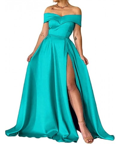 Women's Prom Dress Long Off The Shoulder Evening Dress A Line Military Ball Gown with Pockets Slit Party Dresses Turquoise $5...