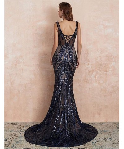 Women's V-Neck Sequins Mermaid Prom Evening Party Dress Sleeveless Lace-up Celebrity Pageant Gown Dark Blue $55.69 Dresses