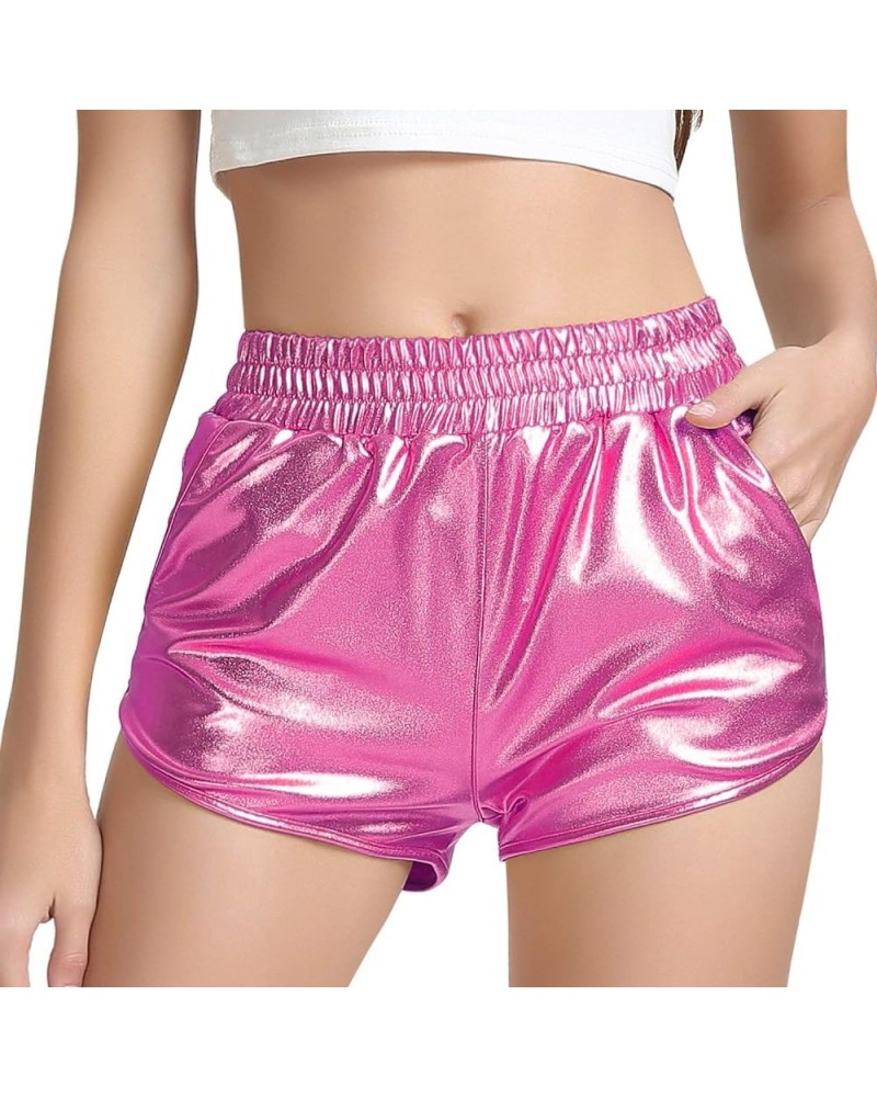 Women's Metallic Shiny Shorts Sparkly Hot Yoga Outfit Pink $10.25 Shorts