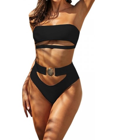 Women 2 Piece Sexy Underboob Cut Out Bikini Swimwear Silver Leather Patchwork Bathing Suit Black $17.97 Swimsuits