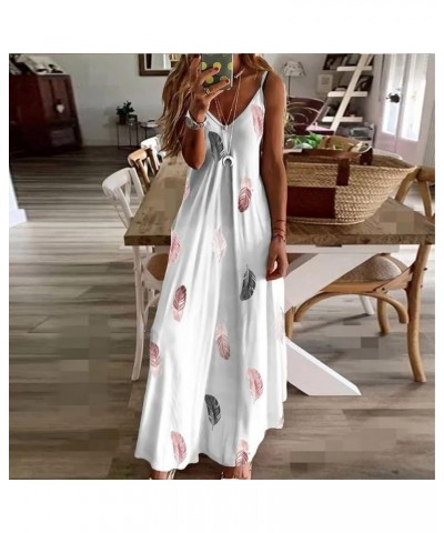 Womens Sleeveless V Neck Spaghetti Strap Beach Boho Summer Maxi Dress Plus Size Vintage Feather Print Beach Dress White $7.13...