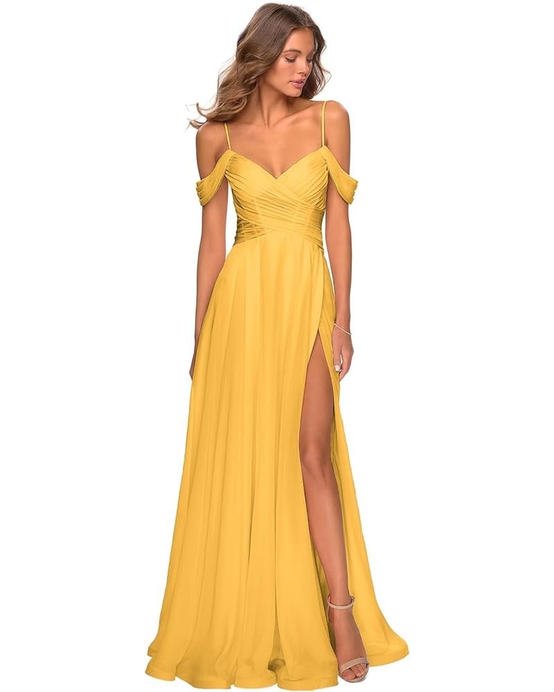 Cold Shoulder Chiffon Bridesmaid Dresses for Wedding with Pockets V Neck Long Prom Dress Formal Evening Gown Gold $24.20 Dresses