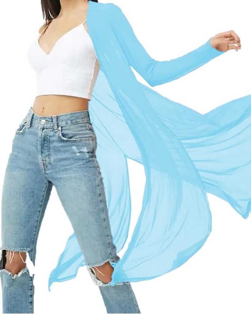 Womens Sexy Sheer Long Sleeve Cardigan See Through Mesh Cover Up Sky Blue $10.49 Swimsuits