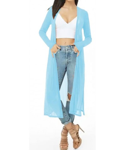 Womens Sexy Sheer Long Sleeve Cardigan See Through Mesh Cover Up Sky Blue $10.49 Swimsuits