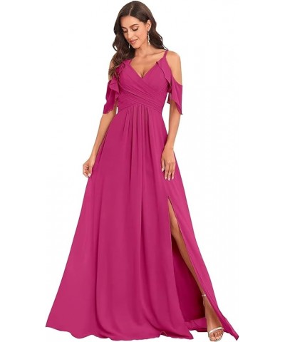 Off Shoulder Chiffon Bridesmaid Dresses for Wedding with Slit Cold Shoulder Prom Dress Pleated Wedding Party Gown Hot Pink $2...