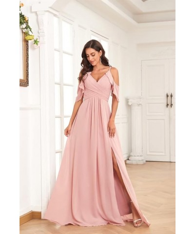 Off Shoulder Chiffon Bridesmaid Dresses for Wedding with Slit Cold Shoulder Prom Dress Pleated Wedding Party Gown Hot Pink $2...