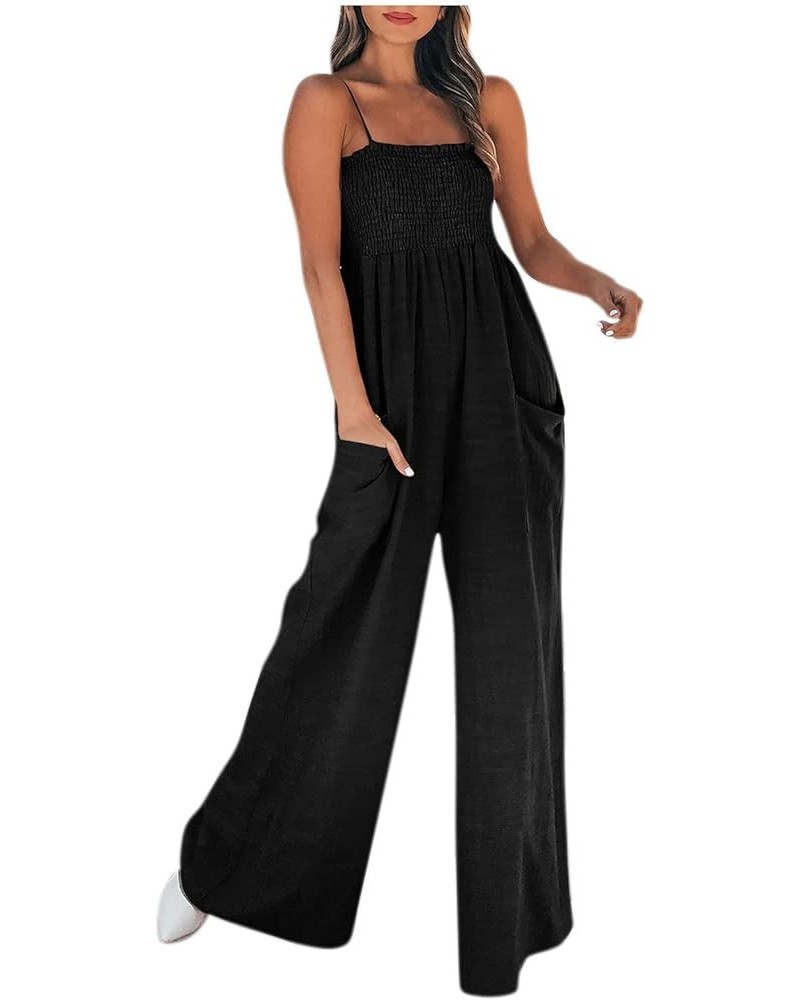 Jumpsuits for Women Dressy Sexy Holiday Wide Leg Jumpsuit Summer Straps Sleeveless Wide Leg Romper Elasticated Overalls 01-bl...