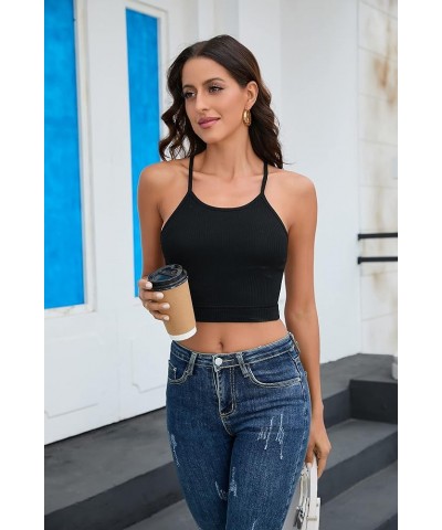 Womens Summer Basic Sleeveless Crew Neck Casual Tank Tops Bustier Crop Top Bustier Summer Ribbed Fitted Cropped Tank Y-black ...