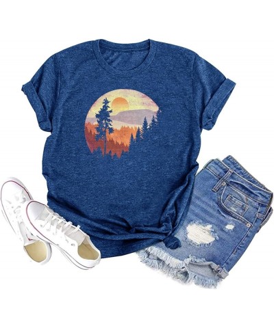 Sunset Pine Tree Tshirt Women Camping Tshirt Retro Sun Print Graphic Tee Casual Short Sleeve Top D-blue $13.10 Tops