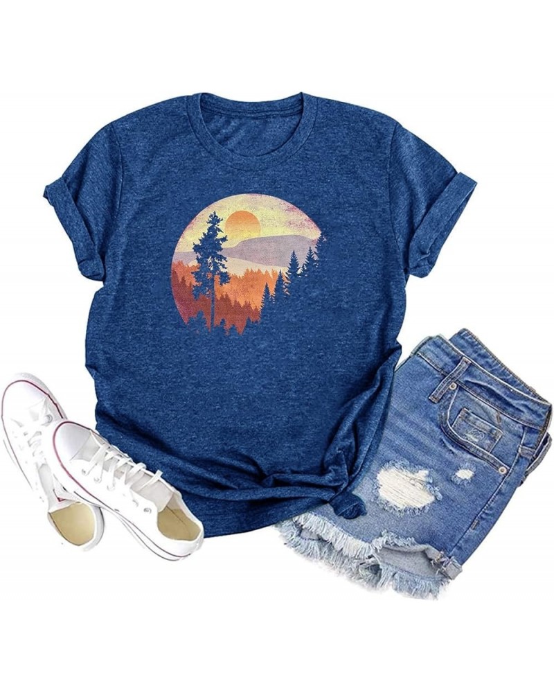 Sunset Pine Tree Tshirt Women Camping Tshirt Retro Sun Print Graphic Tee Casual Short Sleeve Top D-blue $13.10 Tops