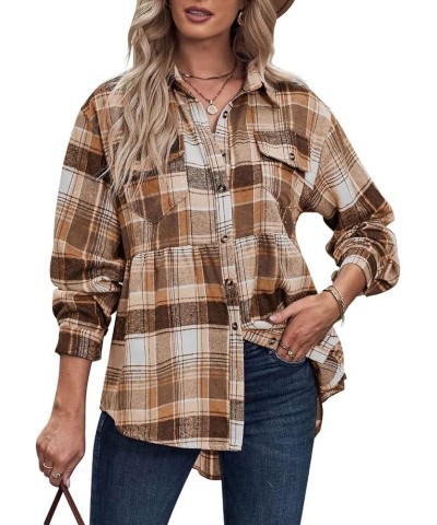 Women's Plaid Shirts Jacket Long Sleeve Oversized Button Down Peplum Casual Babydoll Tunic Tops Blouses Brown $11.60 Blouses