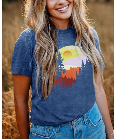 Sunset Pine Tree Tshirt Women Camping Tshirt Retro Sun Print Graphic Tee Casual Short Sleeve Top D-blue $13.10 Tops