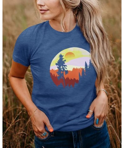 Sunset Pine Tree Tshirt Women Camping Tshirt Retro Sun Print Graphic Tee Casual Short Sleeve Top D-blue $13.10 Tops