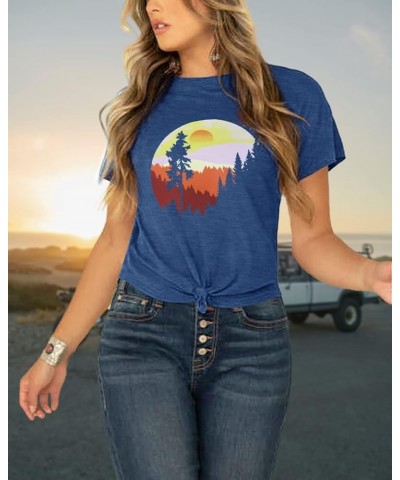 Sunset Pine Tree Tshirt Women Camping Tshirt Retro Sun Print Graphic Tee Casual Short Sleeve Top D-blue $13.10 Tops