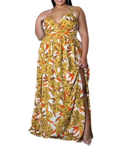 Womens Plus Size Halter Neck Sleeveless Cut Out Floral Print Side Slit Maxi Dress M Yellow $17.98 Dresses