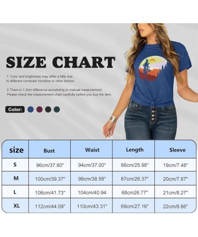 Sunset Pine Tree Tshirt Women Camping Tshirt Retro Sun Print Graphic Tee Casual Short Sleeve Top D-blue $13.10 Tops