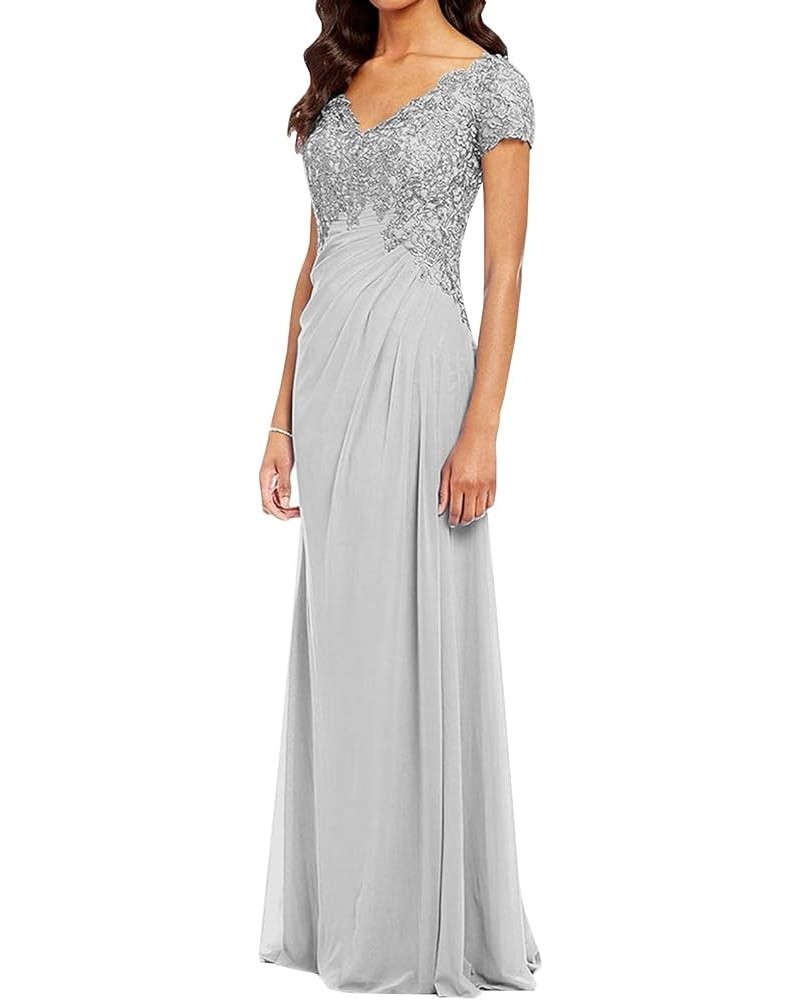 Women's V-Neck Lace Appliques Mother of The Bride Dress Beaded Chiffon Evening Gown with Sleeves YG107 Grey $39.10 Dresses