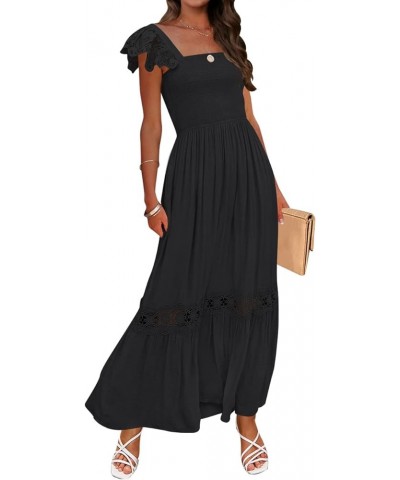 Women's 2024 Summer Lace Strap Sleeveless Square Neck Smocked High Waist Ruffle Hollow Out Flowy A Line Maxi Dress Black $29....